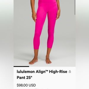 Lulu lemon align high rise sonic pink size 6 25 inch